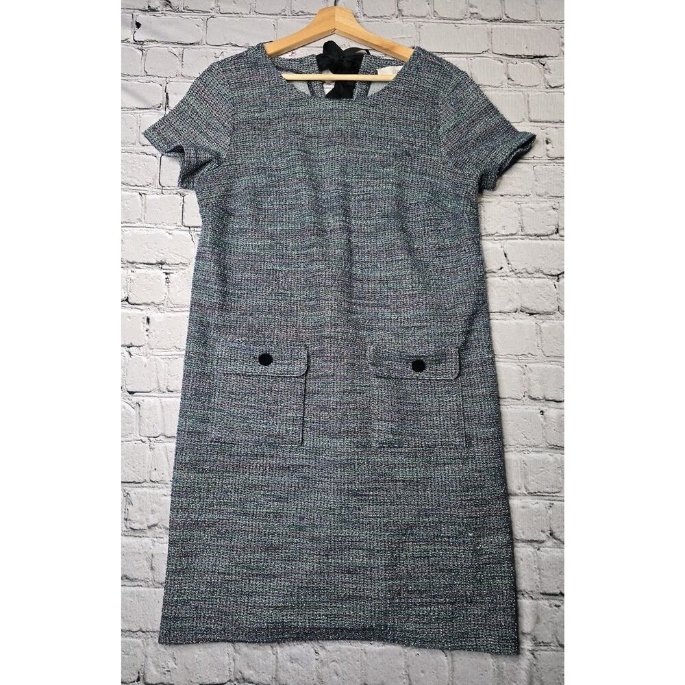 Loft Tweed Cotton Blend Blue Short Sleeve Straight Dress Bow Back Accent Size 10